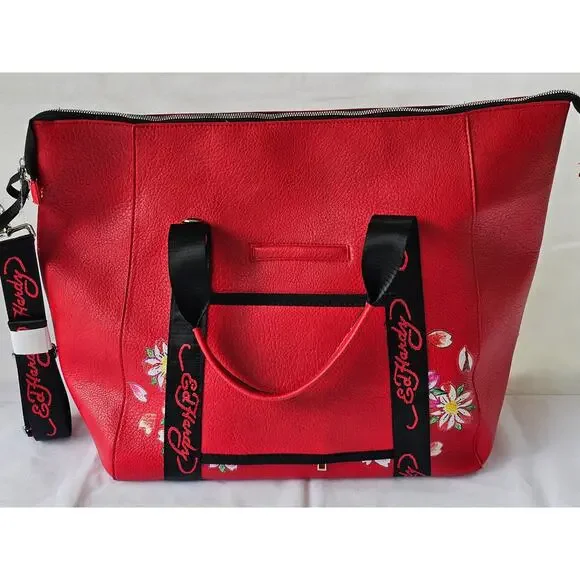Ed Hardy Love Kills Slowly Large Weekender Duffle Travel Bag Red Faux Leather - Picture 8 of 12